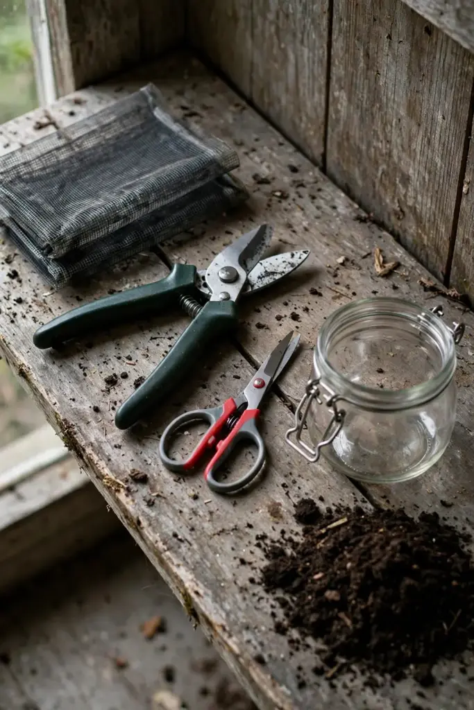 Pruners, scissors, mesh screen, and glass jar arranged on a potting bench