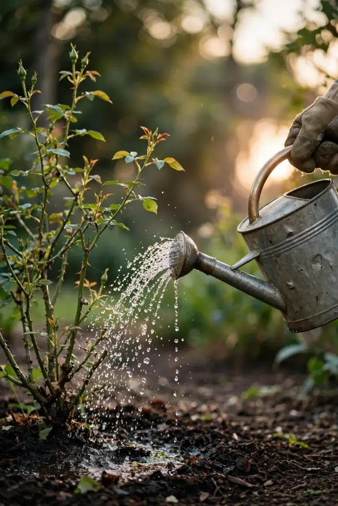 Watering can soaking the root zone of a young rose shrub at dusk