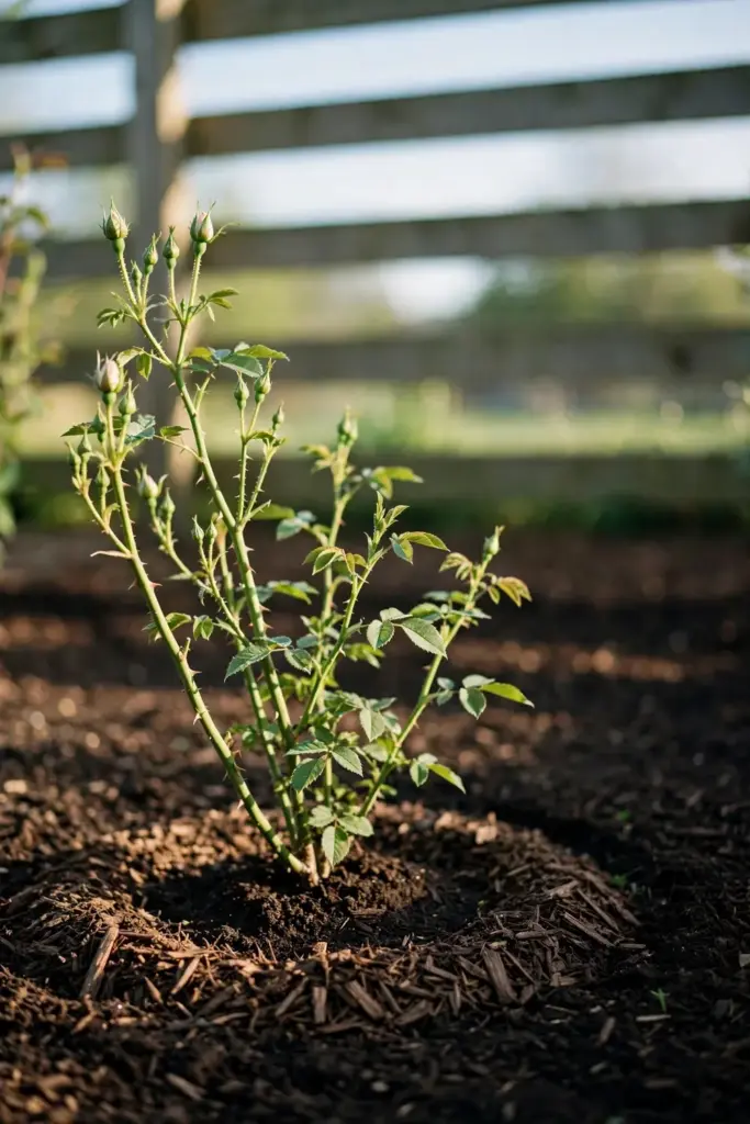 Young own-root rose shrub in a tidy mulched garden bed in morning sun