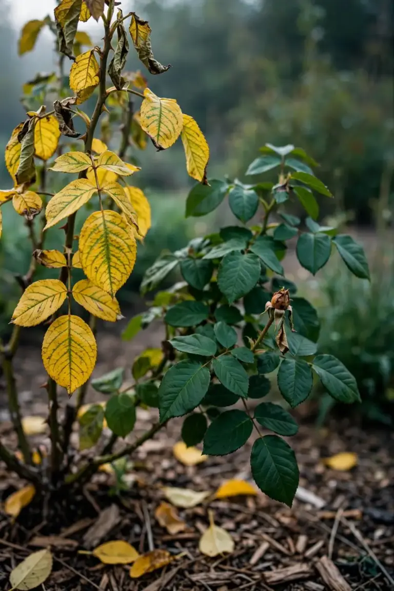 Rose bush with yellowing leaves and one healthy cane showing the contrast a diagnosis starts from