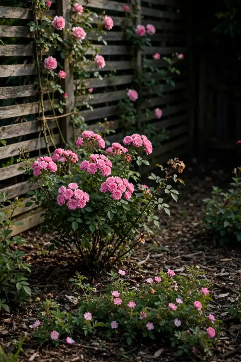 Rose bed with a tall climber on a fence, bush roses in front, and a low groundcover rose at the edge