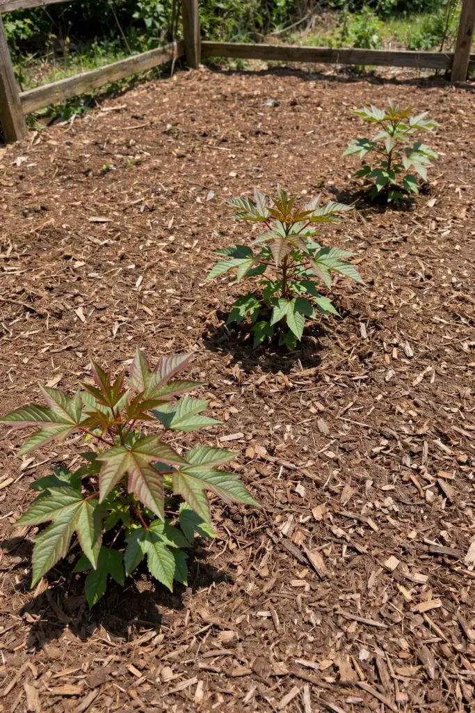Roselle plants spaced widely in a mulched bed under full sun