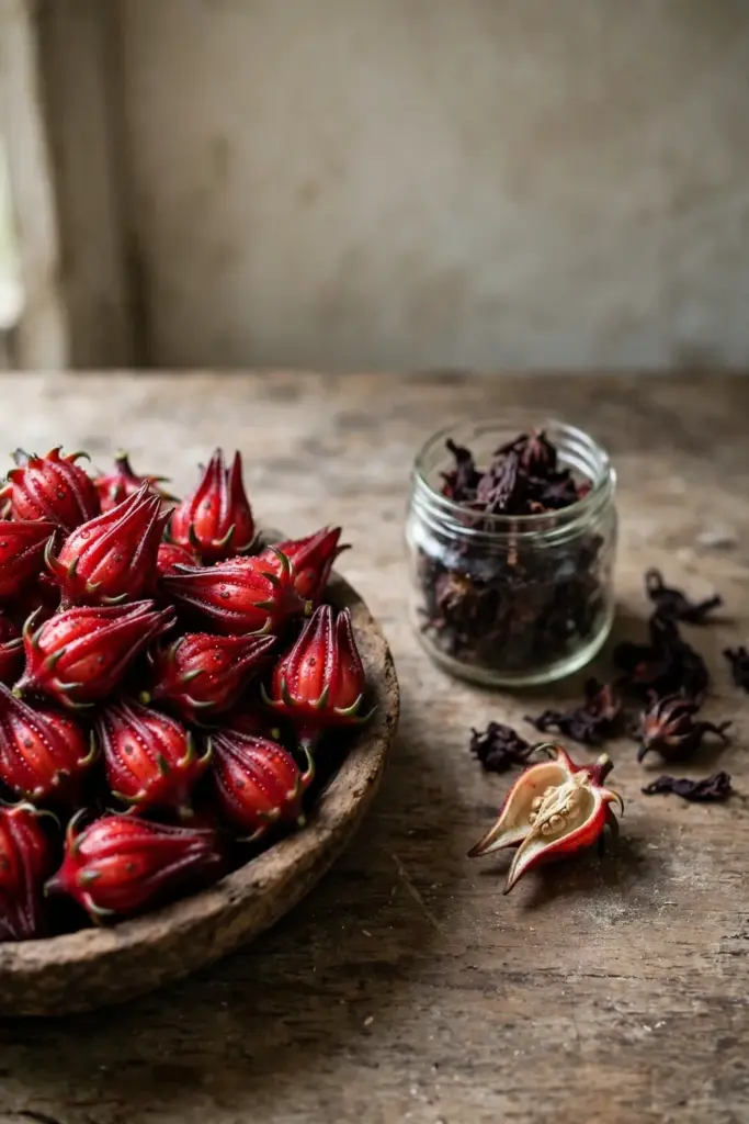 Wooden bowl of fresh red roselle calyces beside dried ones