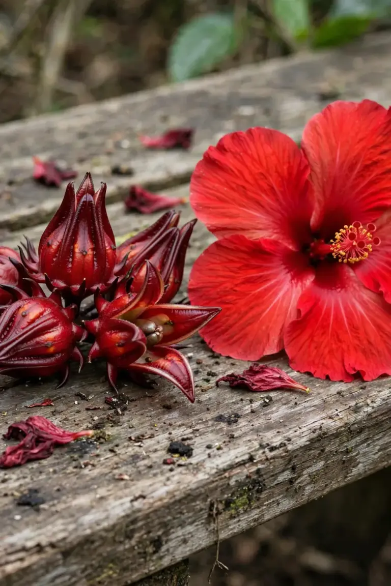 Deep red roselle calyces beside a large red ornamental tropical hibiscus bloom