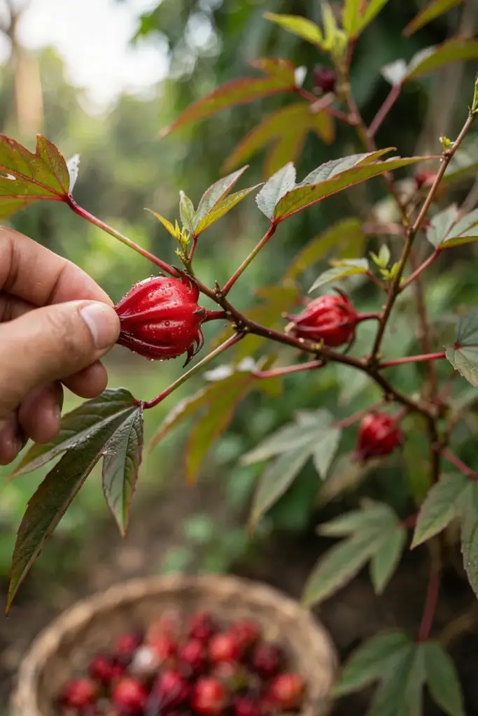 Hand picking ripe red roselle calyces into a woven basket