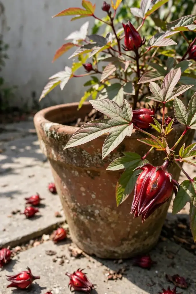 Roselle shrub in a large weathered pot on a sunny patio
