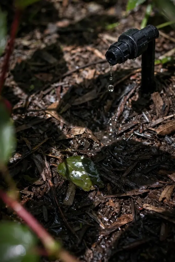 Drip emitter watering mulched soil around a roselle plant