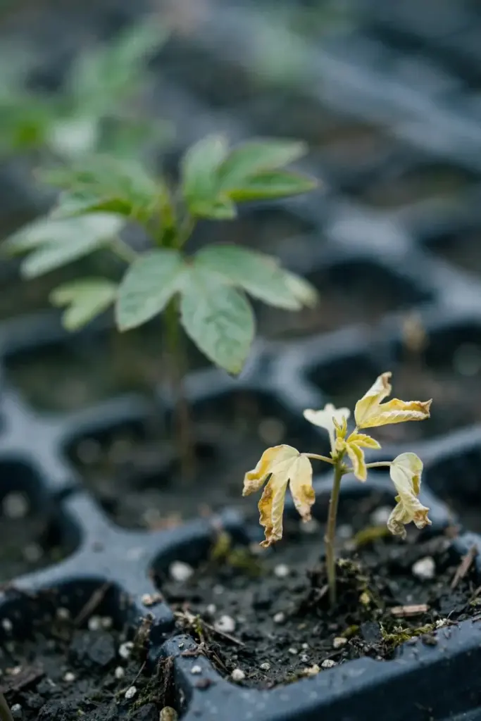 Stunted roselle seedling with pale leaves from cold soil