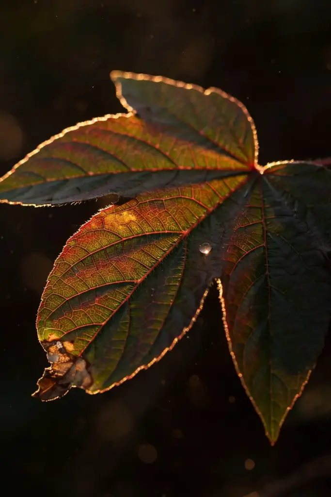 Backlit roselle leaf showing lobed shape and red veins
