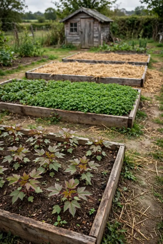 Three garden beds in rotation with roselle and cover crops