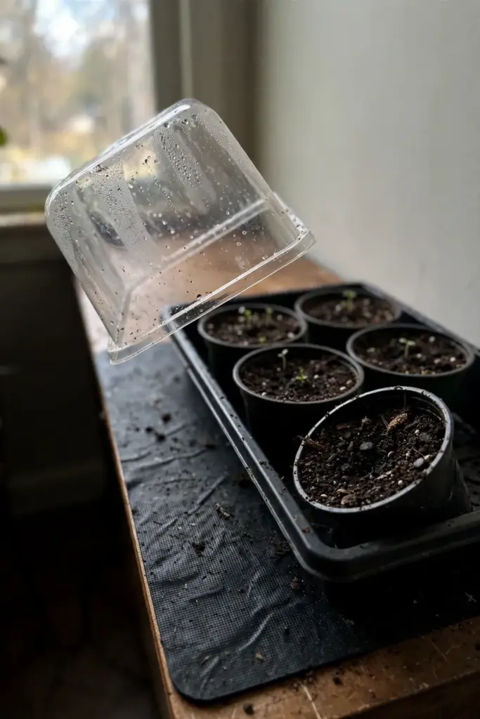 Roselle seed tray with individual pots on a heat mat by a window