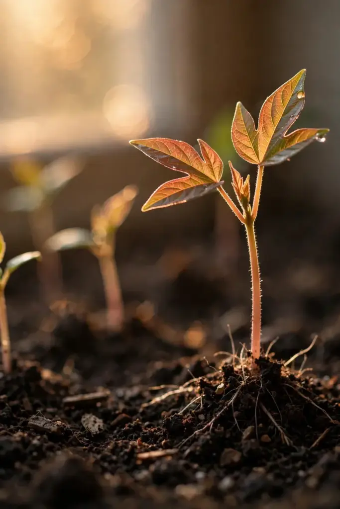 Roselle seedlings at successive stages under warm bright light