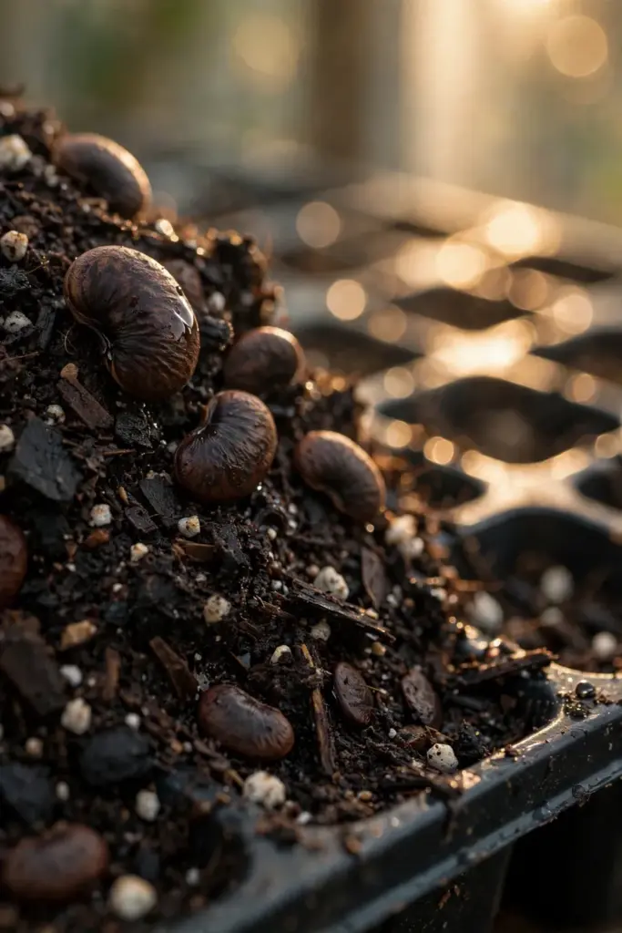 Roselle seeds pressed into dark moist seed-starting mix