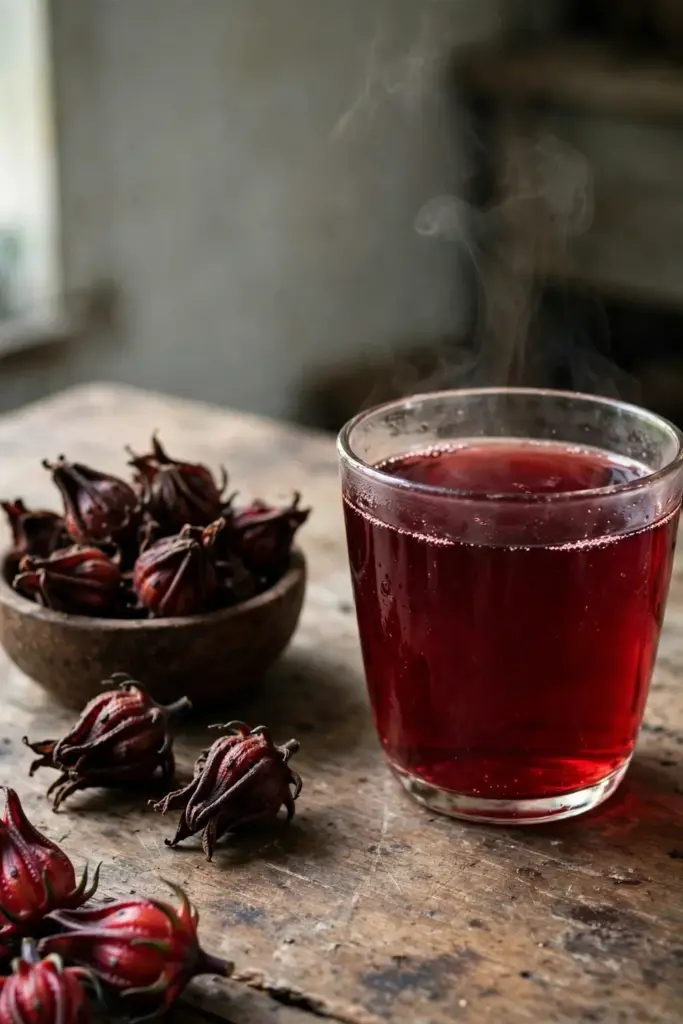 Glass cup of ruby roselle tea beside dried calyces