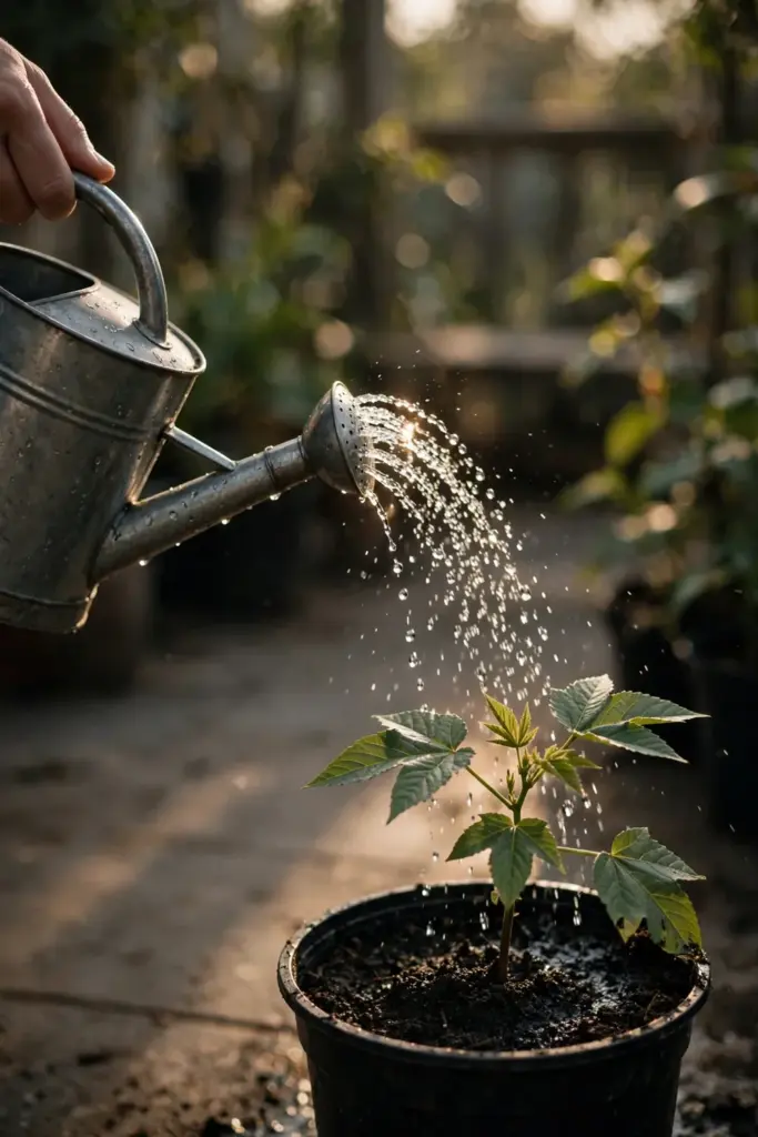 Hand watering a newly transplanted roselle seedling with a watering can