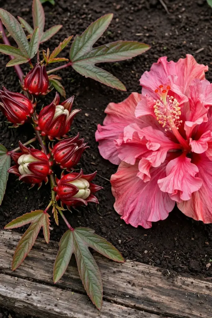 Roselle branch with red calyces beside a showy ornamental hibiscus bloom
