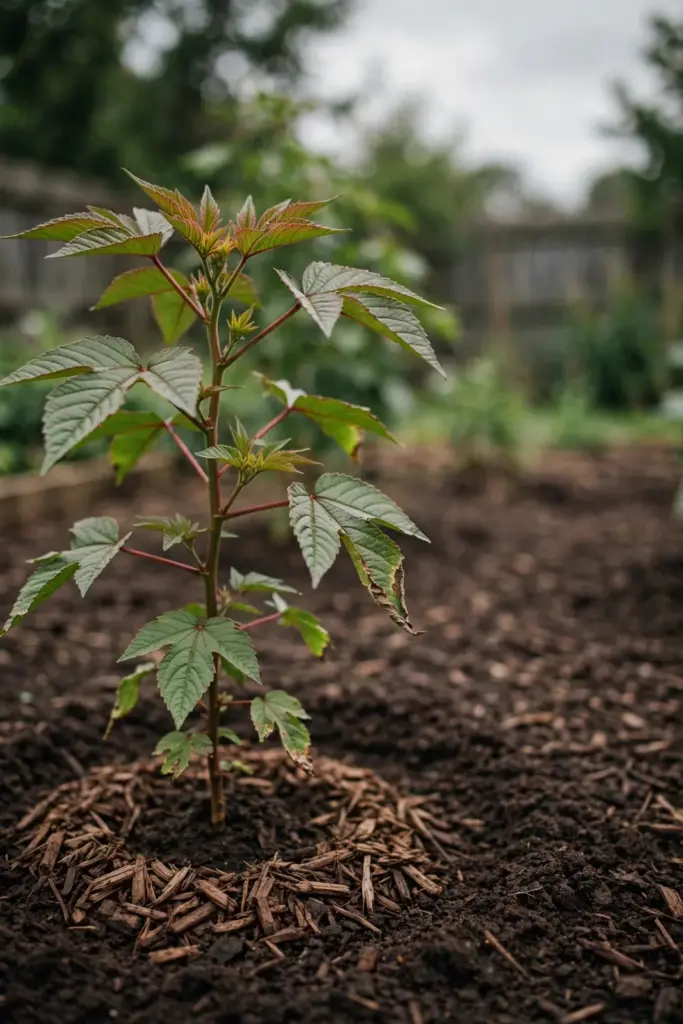 Young roselle plant with lobed leaves in a mulched garden bed
