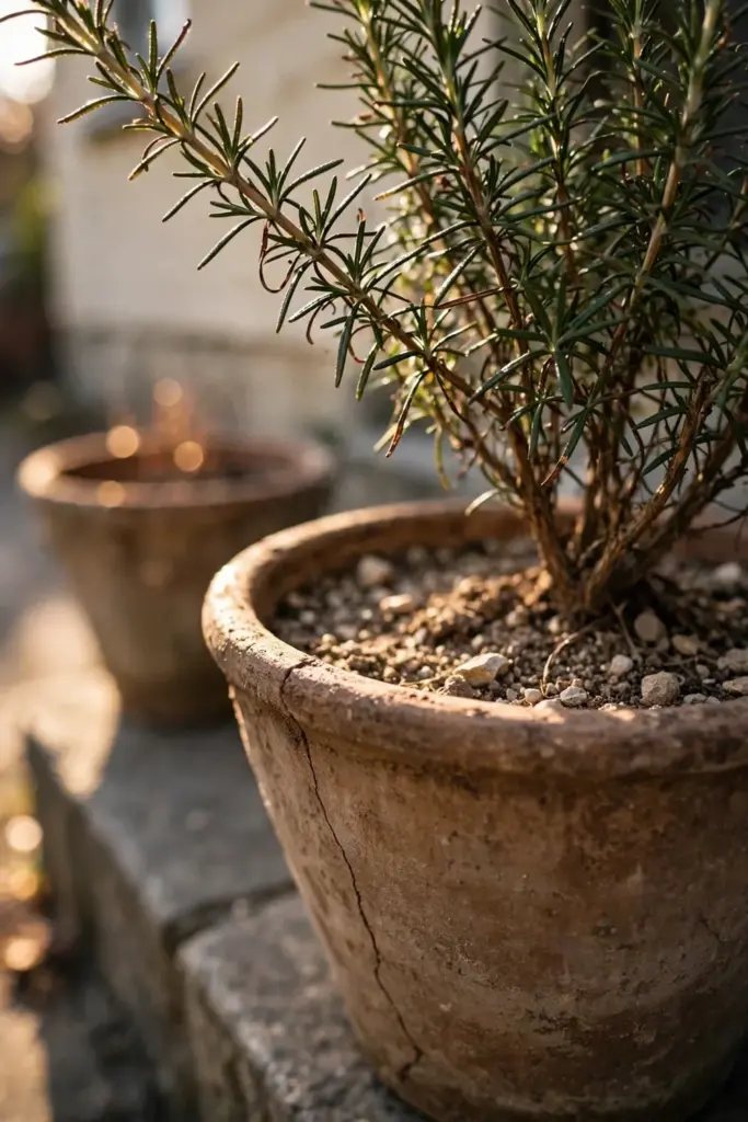 Rosemary in a clay pot on a stone step, needles sharp in side light