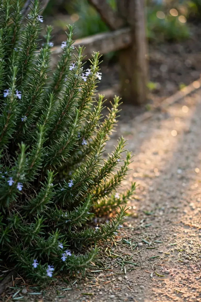 A rosemary shrub growing at the edge of a garden path, its needle leaves overhanging the gravel