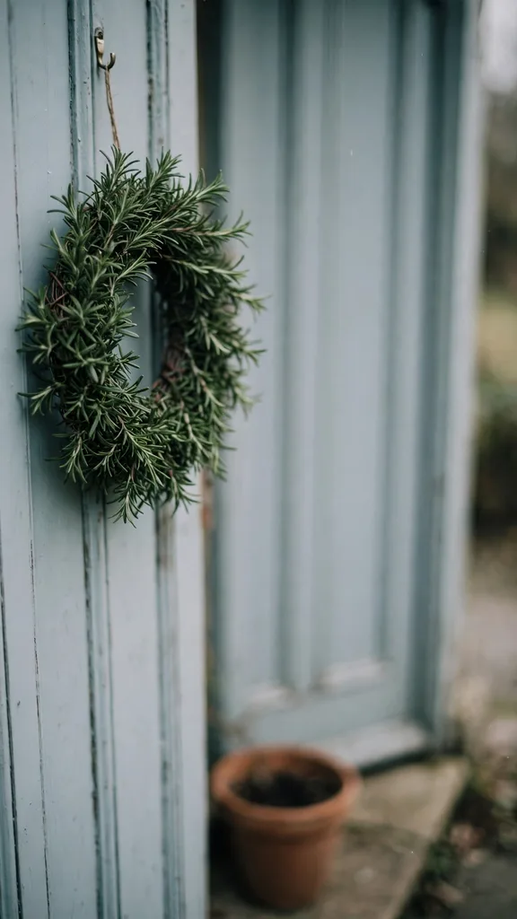 A small dense rosemary wreath with needle leaves hanging on a narrow door