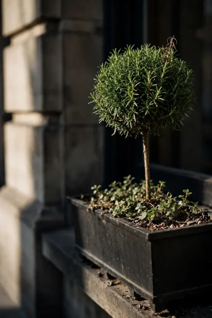 Small rosemary standard with winter savory in a formal box