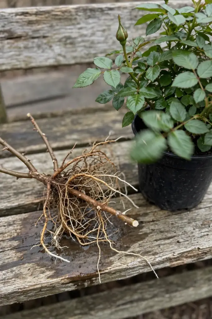 Bare-root rose with exposed roots beside a potted container rose
