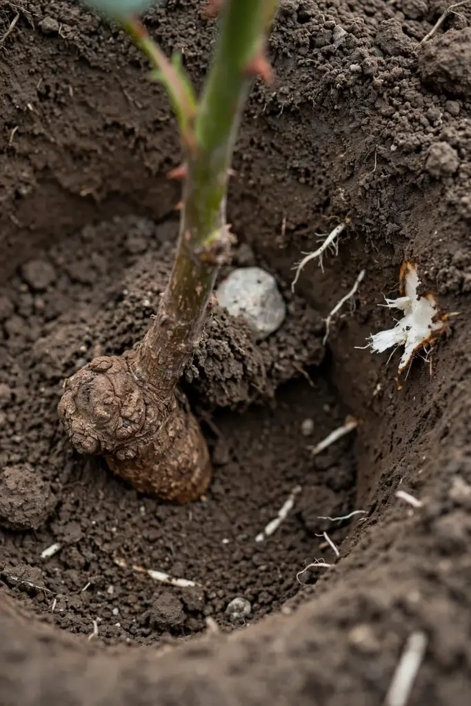 Rose bud union set below soil level in a wide planting hole