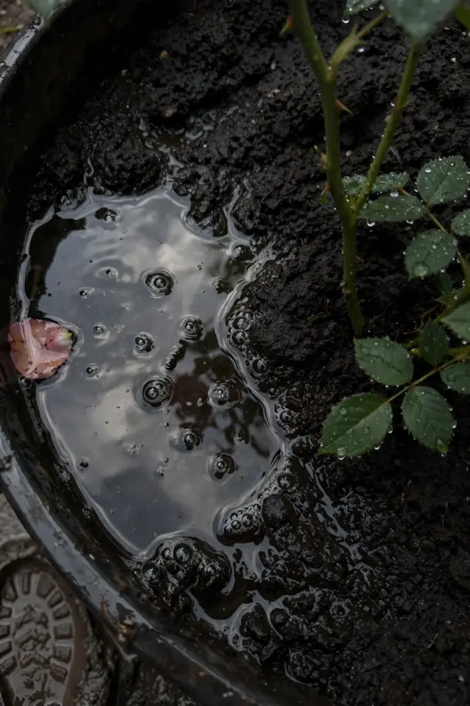 Water soaking into dark soil around a newly planted rose