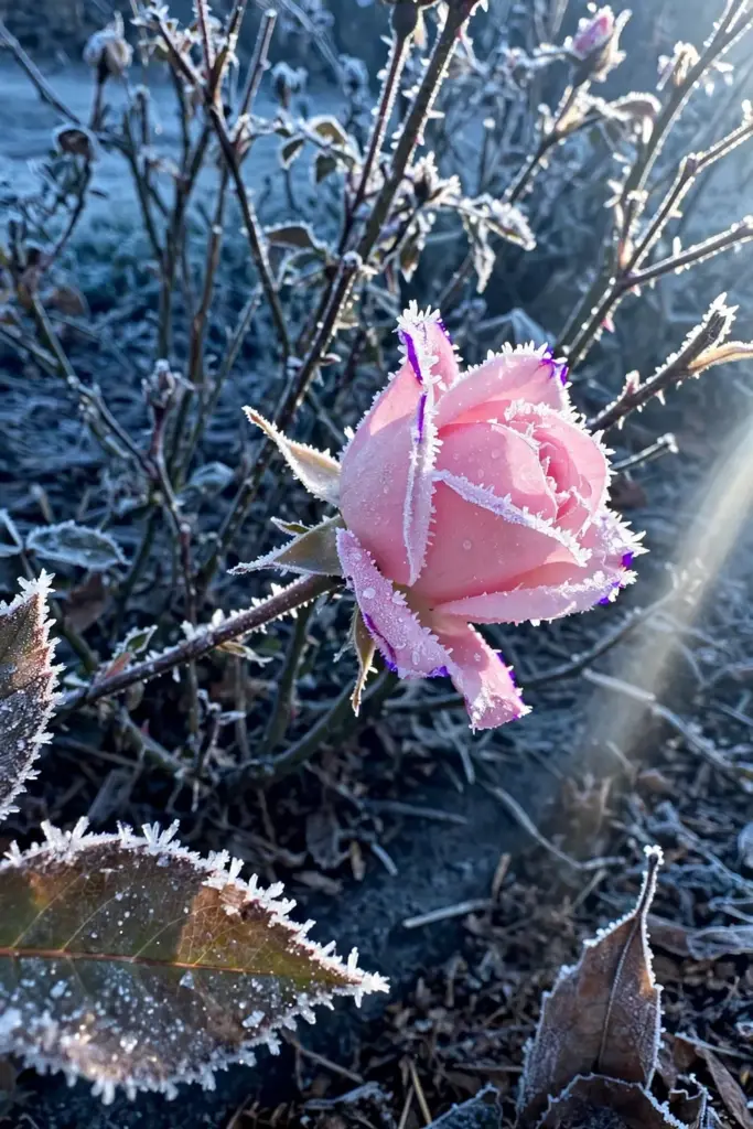 Rose bush touched by first frost on a cold fall morning