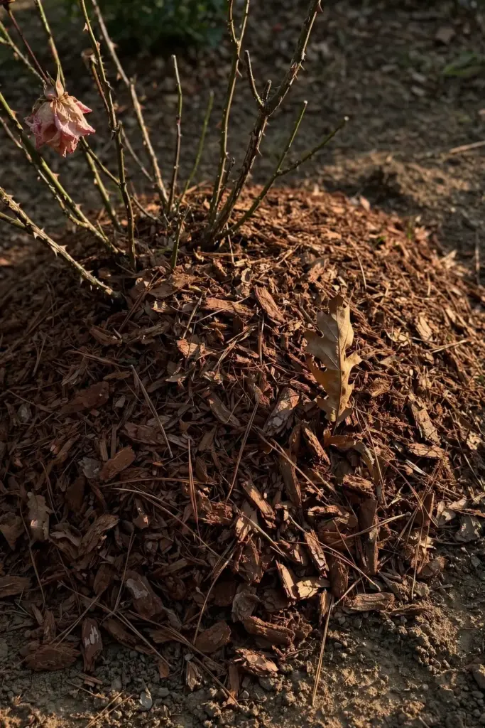 Thick mulch piled around the base of a rose bush in fall