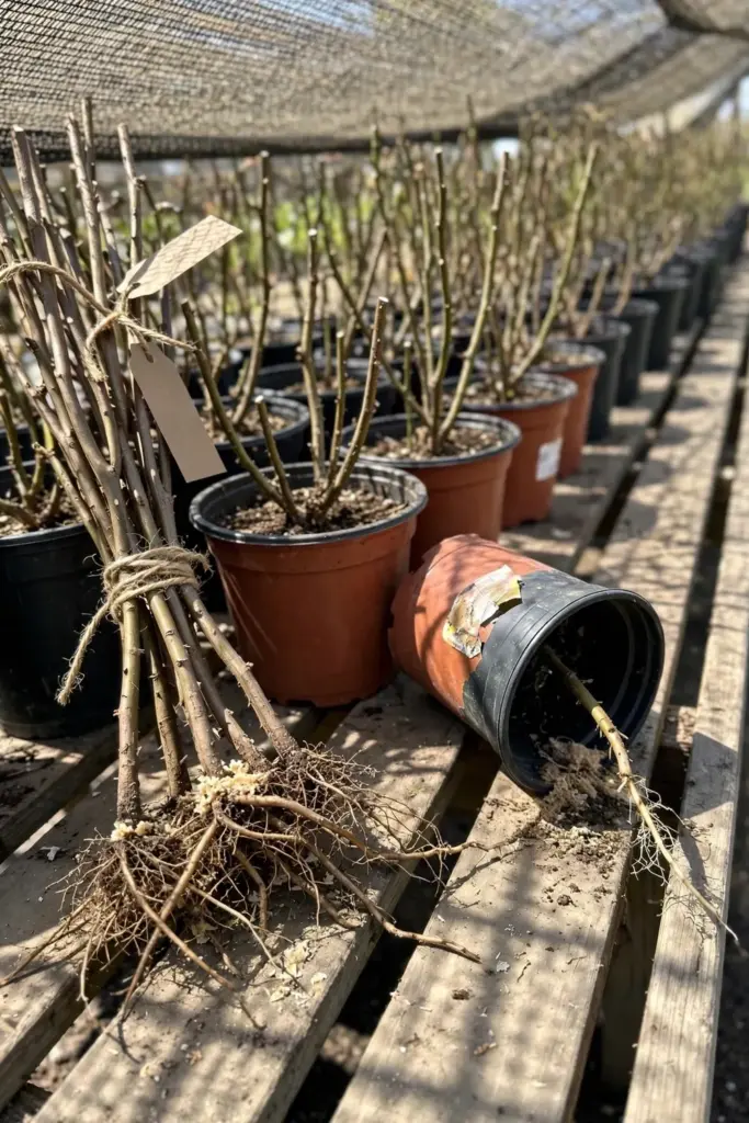 Bare-root rose bundle and potted roses lined up on a nursery bench
