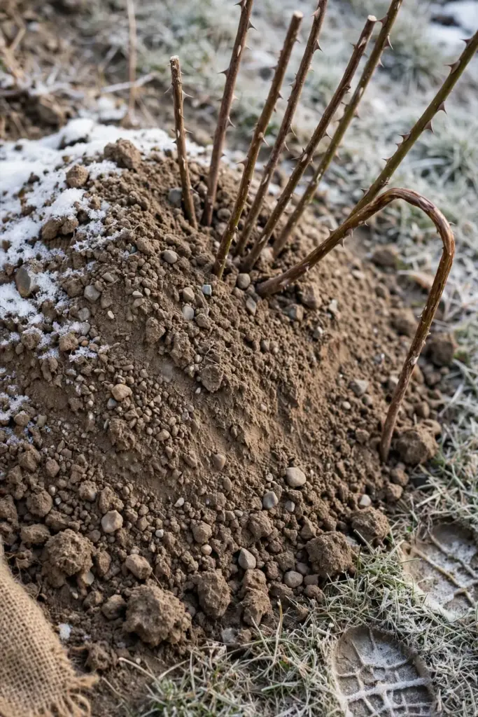 Soil mounded around rose canes for first-winter protection