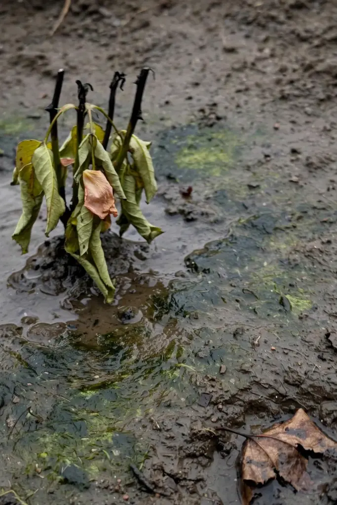 Struggling newly planted rose with wilted leaves in cold soil
