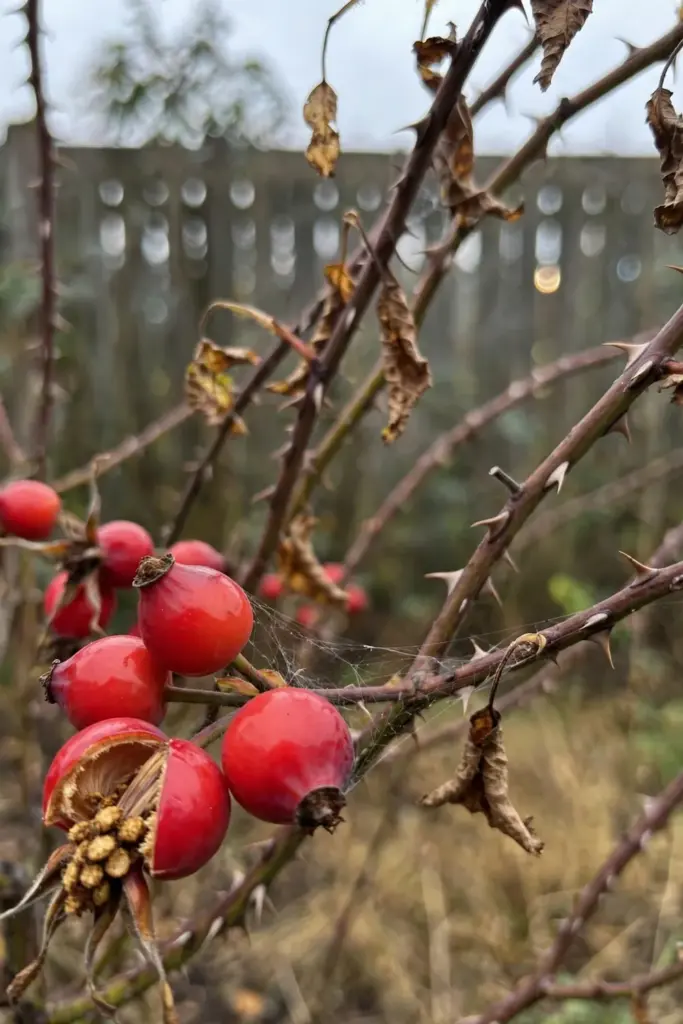 Unpruned rose canes with red hips left for fall in the garden