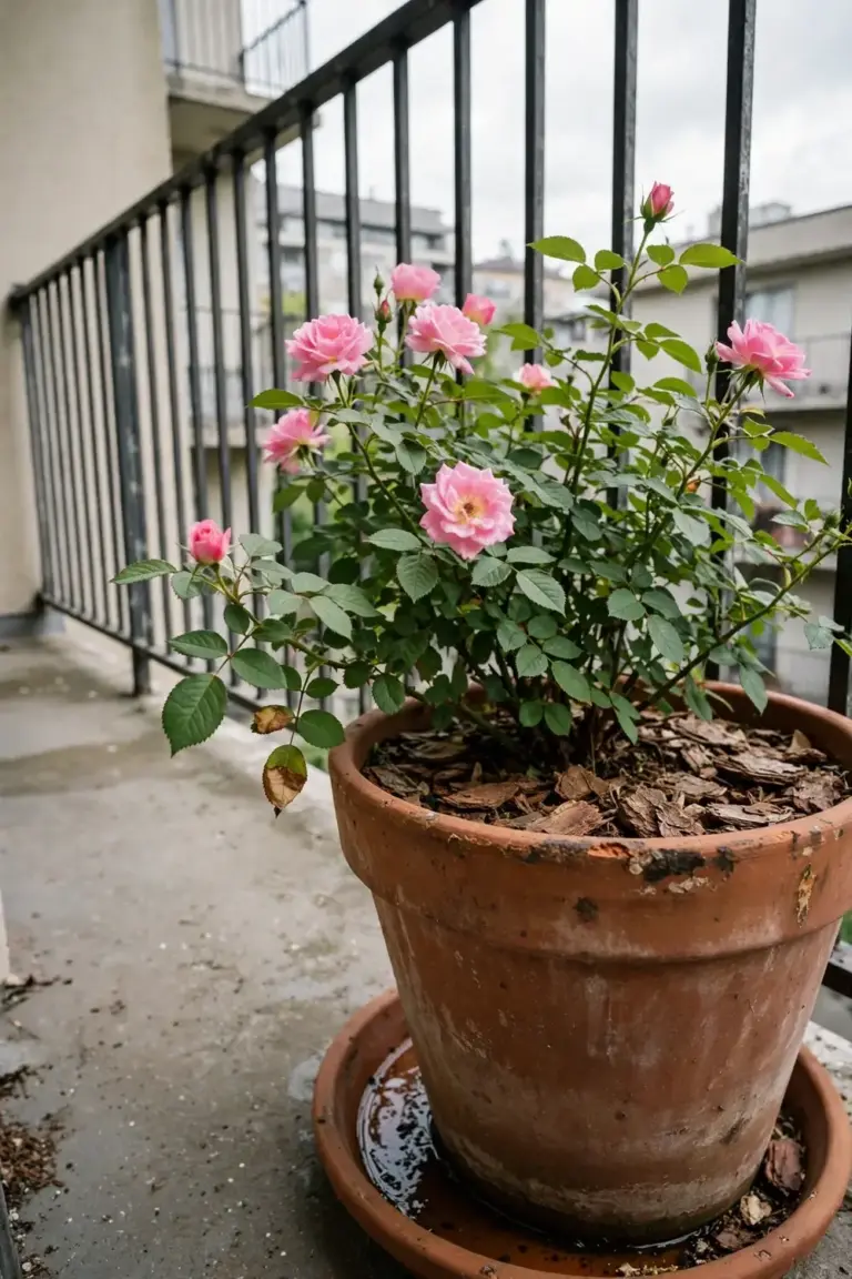 Rose bush growing in a large terracotta pot on a sunny balcony with potting mix and mulch