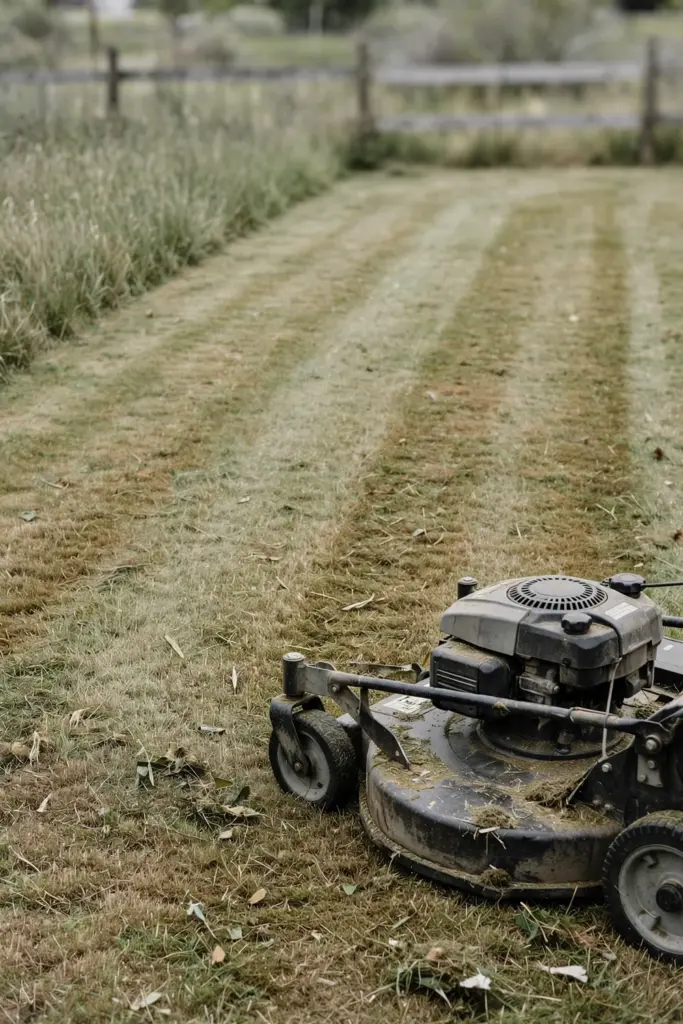 Rotary mower on dry Buffalo lawn with parallel mow lines