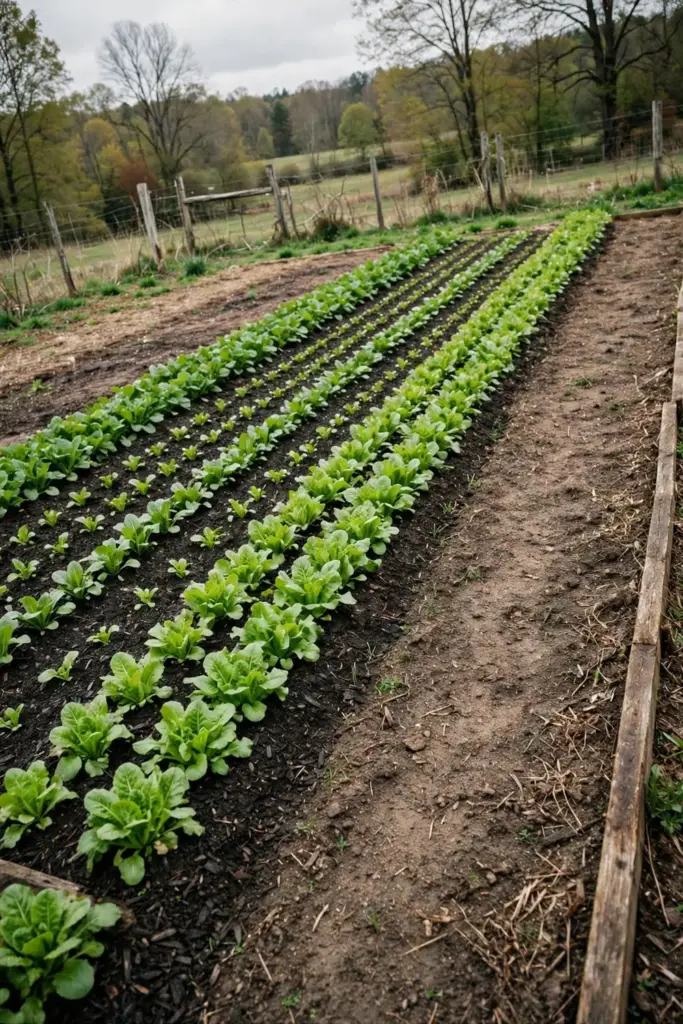 Fresh bed of leafy greens beside a fallow former cucurbit bed.