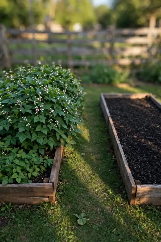 Two garden beds in rotation, beans in one and a rested mulched bed beside it.