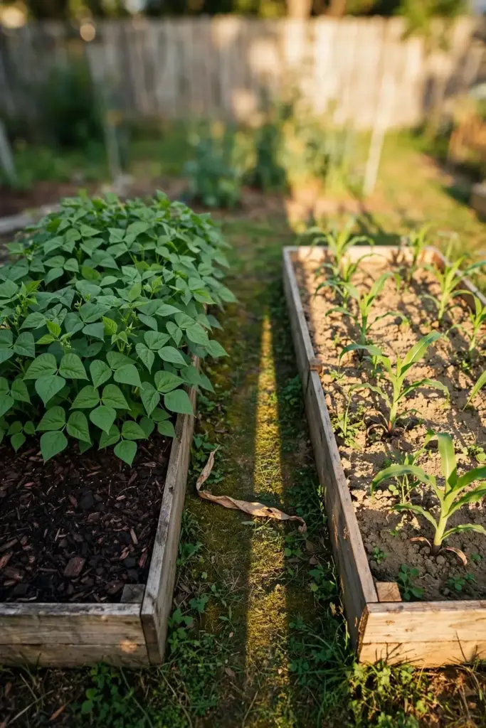 Two garden beds in rotation, beans in one and corn with grain in the other.