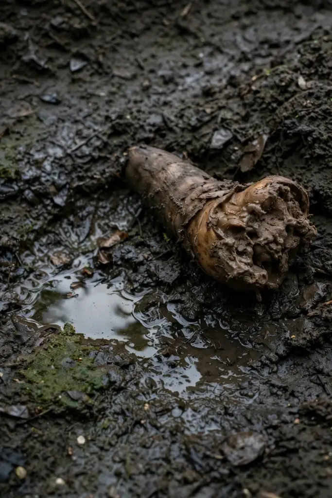 Rotted galangal rhizome piece half-buried in soggy dark soil