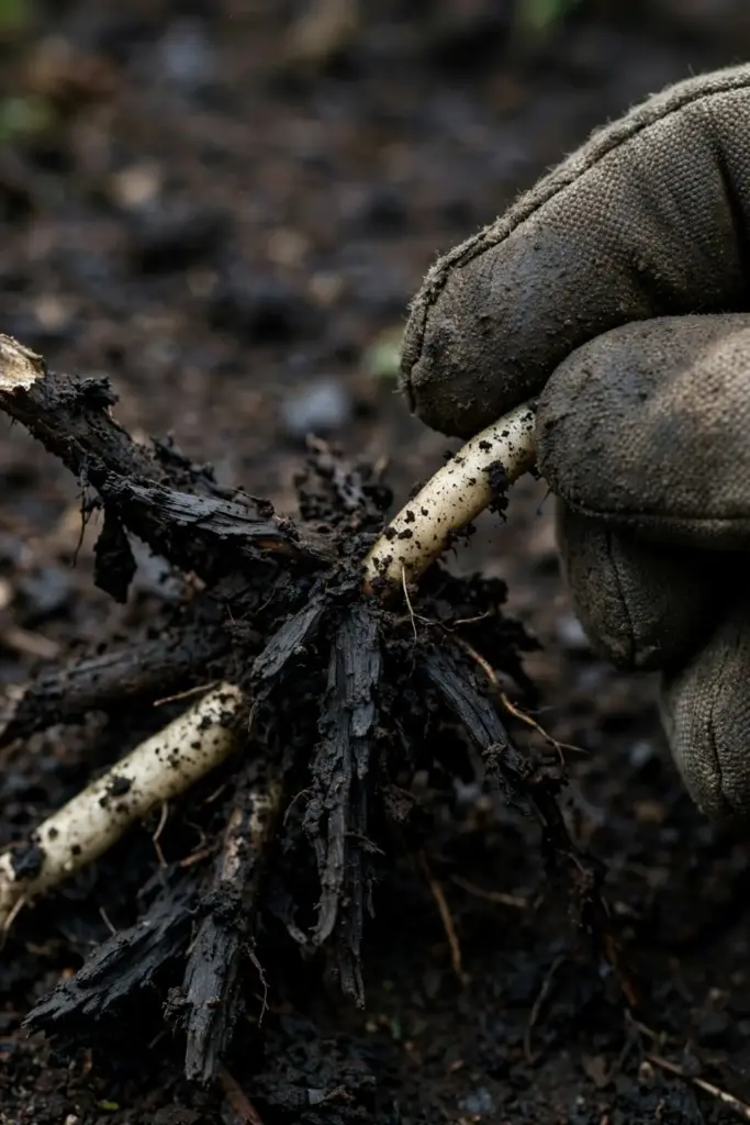 Root mass with black rotted roots held in a garden mitt