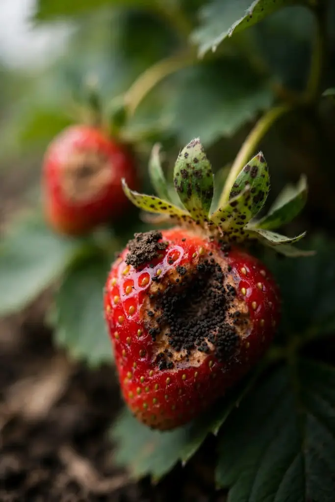 Rotted strawberry berry with a sunken lesion covered in black spore masses.