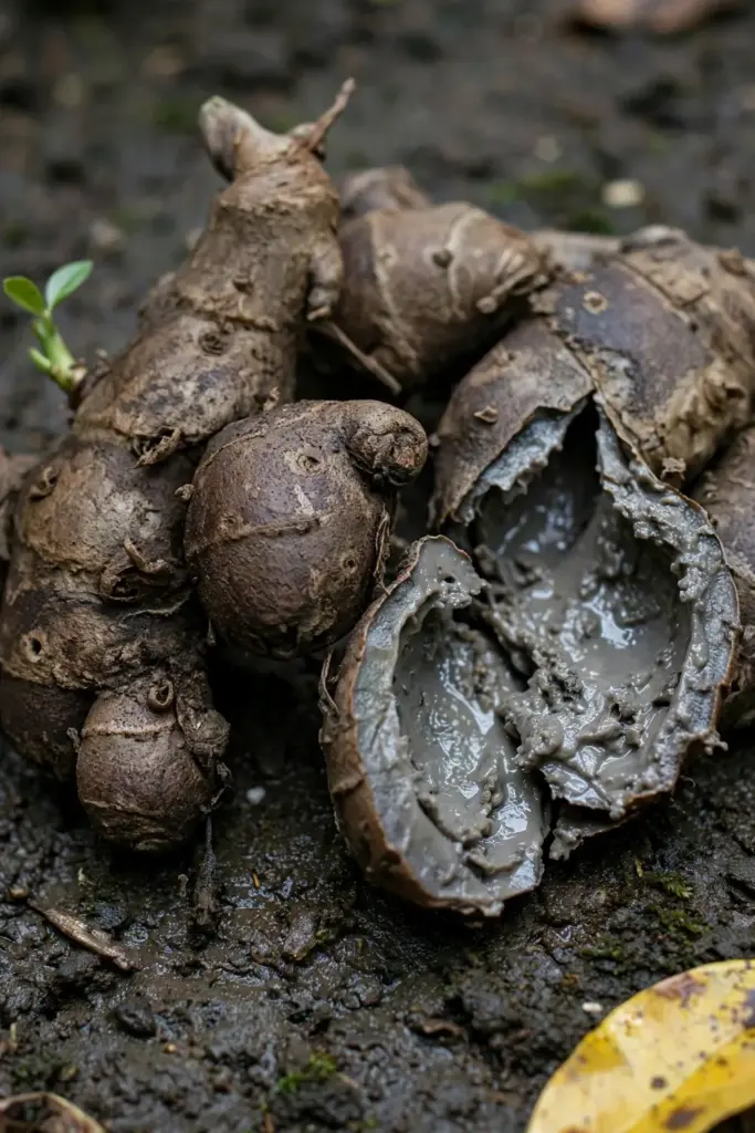 Firm kencur rhizome beside a rotted collapsed piece on damp soil