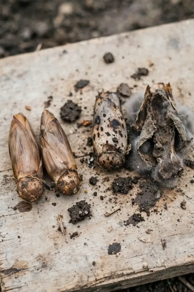 Rotted and healthy saffron corms side by side on a wooden board