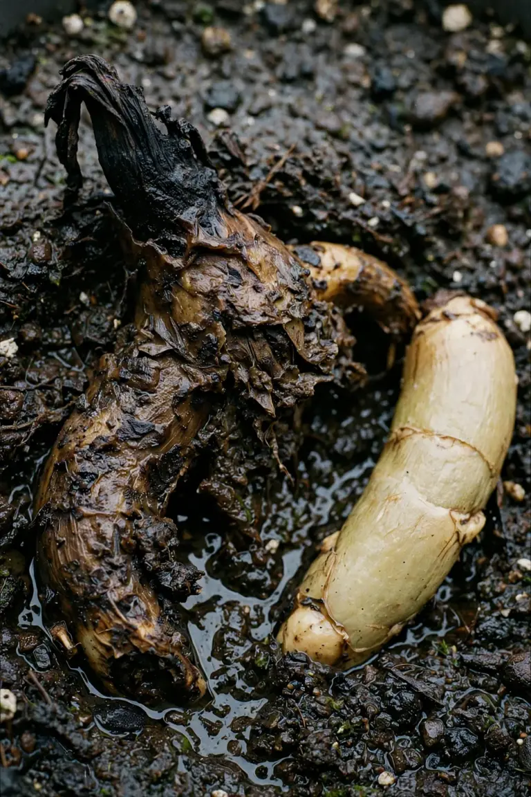 Brown mushy rotting ZZ rhizome in soggy mix beside a pale firm healthy rhizome
