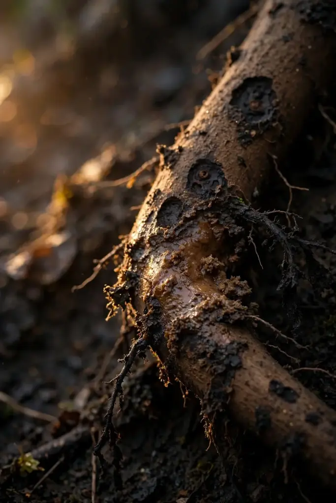 Root with dark lesions and soft brown rot spreading from one lesion.