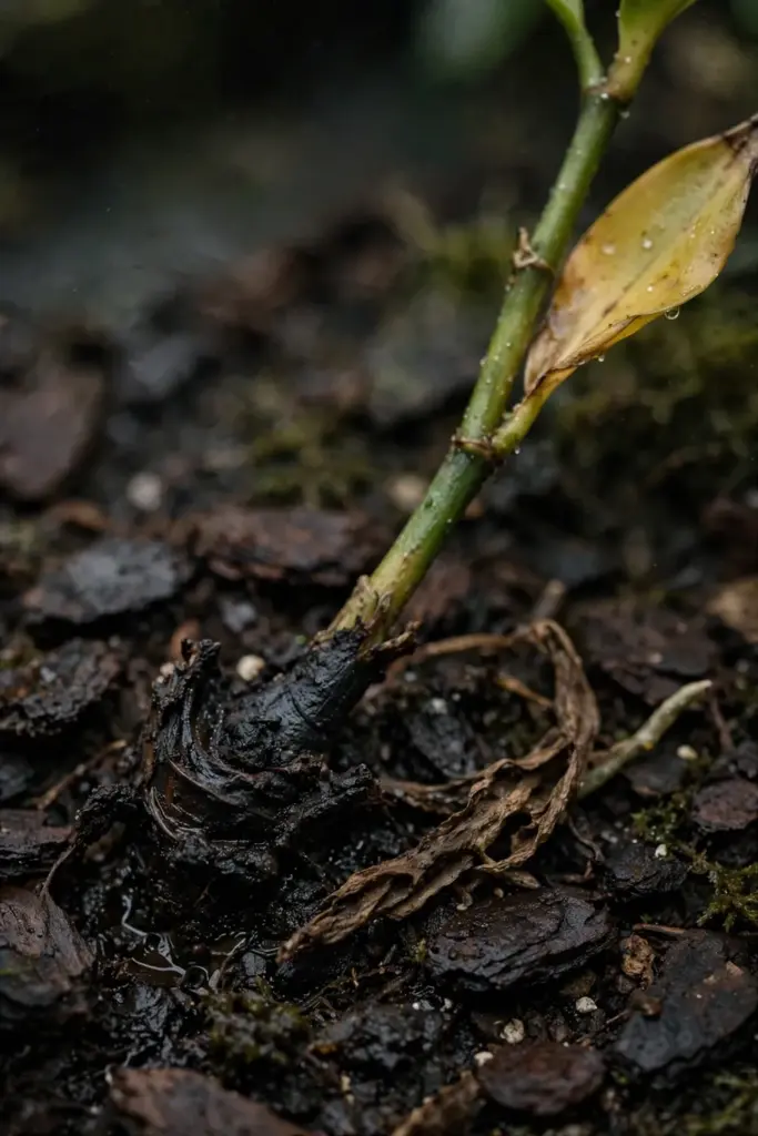Rotting black stem base of a vanilla orchid in soggy potting mix
