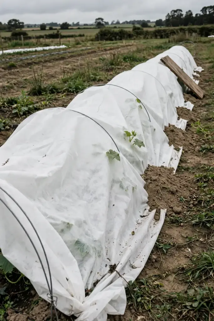 Cucurbit row under floating row cover on wire hoops.