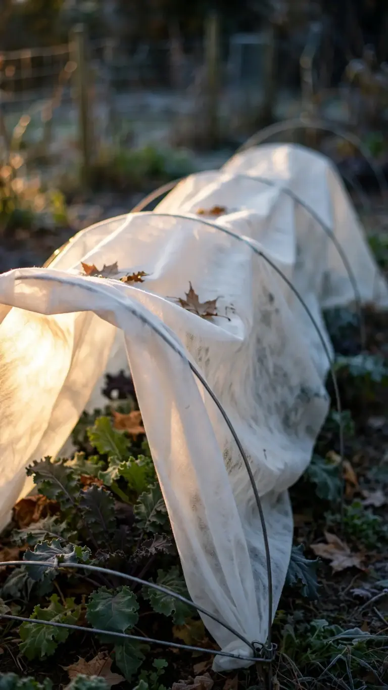 Fabric row cover draped over wire hoops above October greens