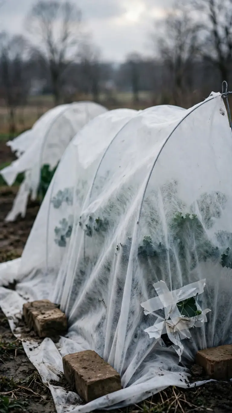 Floating row cover on wire hoops over kale, edges weighted with bricks